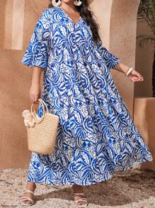 SHEIN CURVE+ Plus Size V-Neck Paisley Print Bell Sleeve Dress, Arabic Style, Bohemian Festival Boho Vacation,Beach Dress Sundress,Holiday Outfits