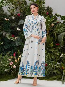 Al Najma Floral Pattern Notched Lapel Dress - White - View 4