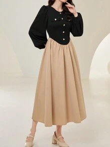 Mulvari 女士彩色拼接燈籠袖前扣式連衣裙 - 彩色 - 查看 1