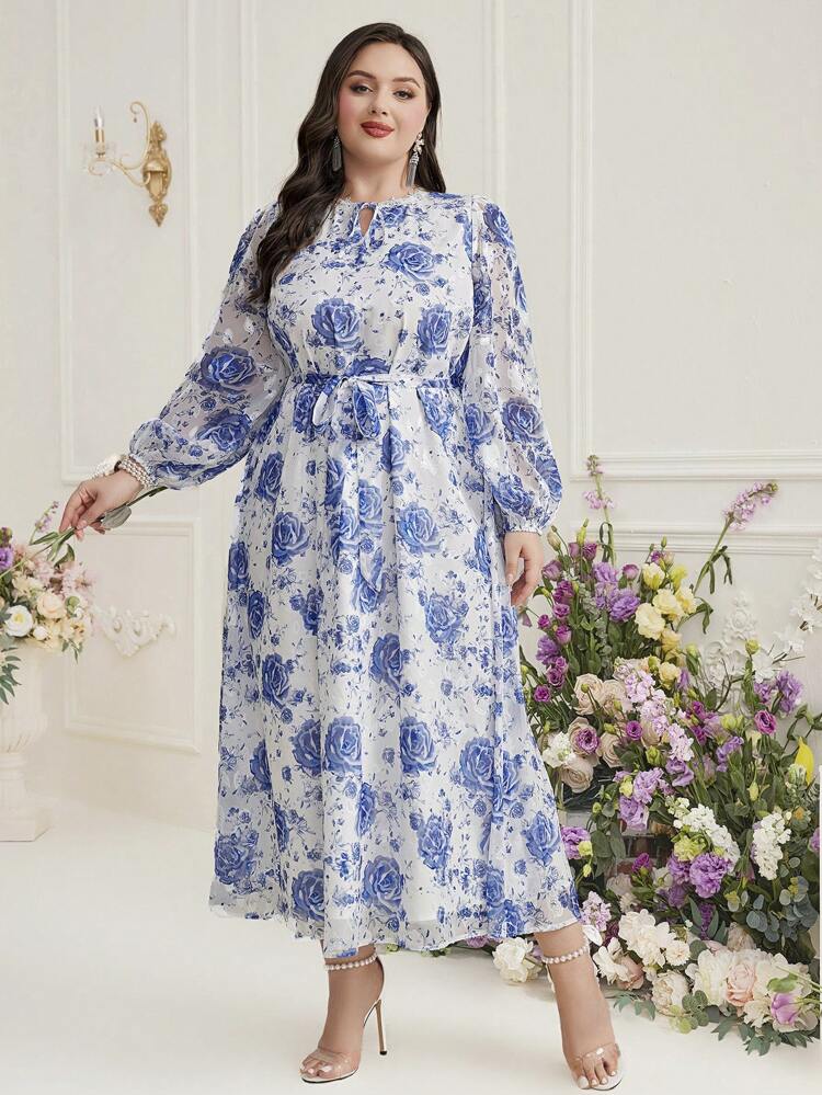 Plus Size Full Printed Front Tie Long Sleeve Dress Long Evening Dresses