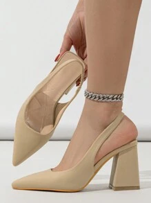 Women's Pointed Toe Chunky Heel Suede Pump With Back Strap Design, Beige,Elegant - Apricot - View 1