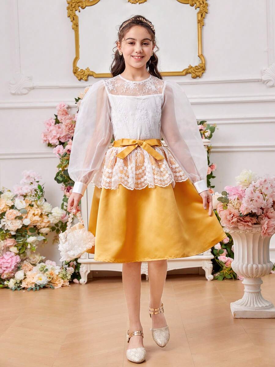 SHEIN Tween Girl Round Neck Lantern Sleeve Sheer Embroidered Blouse With Detachable Waist Belt And Skirt Two Pieces Set - White - View 1