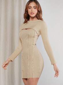 Hauture 女士纯色圆领长袖短款毛衣和针织连衣裙休闲两件套 - 杏色 - 查看 1