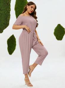 SHEIN LUNE بدلة قصيرة ذات رقبة بشكل لا متناظر وحجم كبير بلون سادة - وردي - مشاهدة 3