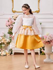 SHEIN Tween Girl Round Neck Lantern Sleeve Sheer Embroidered Blouse With Detachable Waist Belt And Skirt Two Pieces Set - White - View 4