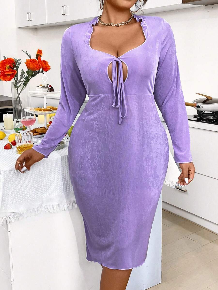 SHEIN Clasi Plus Size Women's Frill Edged Front Tie Dress - Purple - View 1