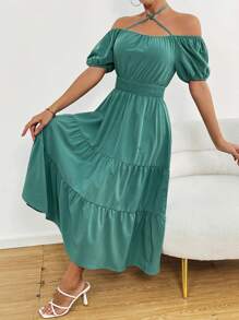 Chiquease Vestido Corto De Manga Corta Con Cuello Cruzado Y Cuello Halter - Azul - Ver 4