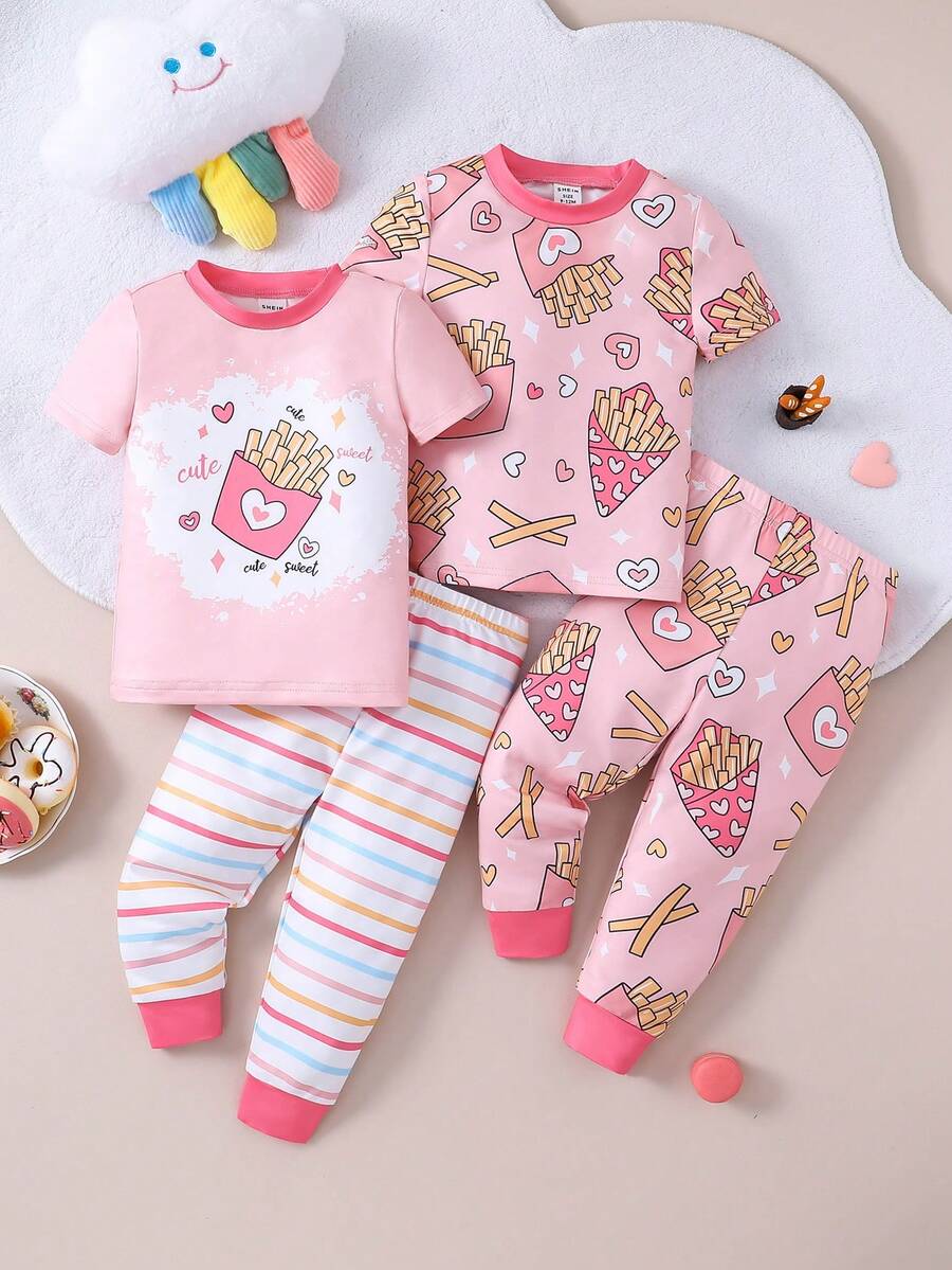 嬰兒女孩粉色薯條圖案修身睡衣,適合居家穿著 - 彩色 - 查看 1
