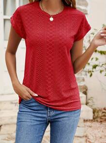 Áo thun nữ trơn màu thêu khoét rỗng, thời trang tối giản, mặc thường ngày - Đỏ - Xem 4