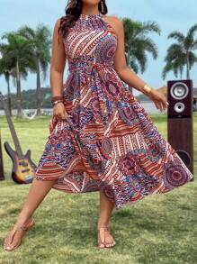 SHEIN Holidaya 大尺碼女款無袖幾何植物印花a字縮褶連身裙 - 彩色 - 查看 1