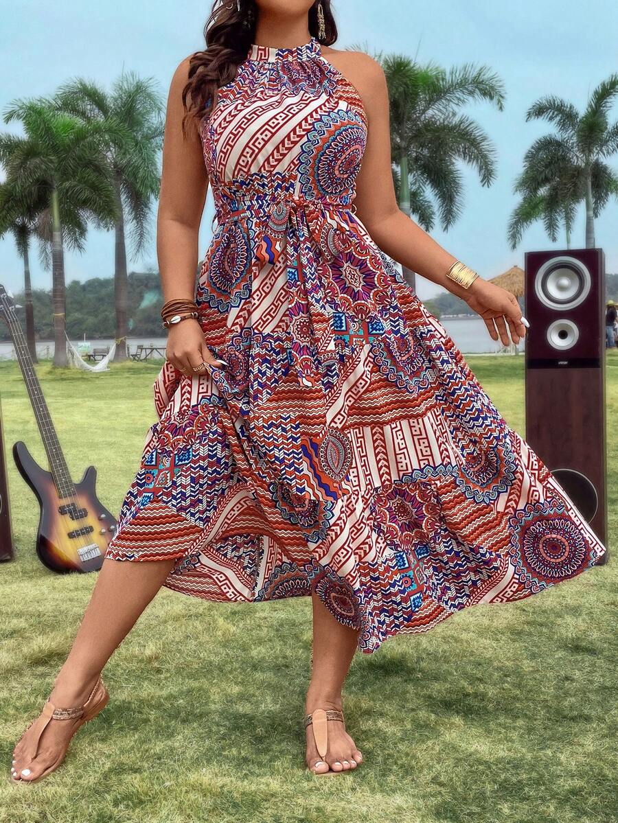 SHEIN Holidaya 大尺碼女款無袖幾何植物印花a字縮褶連身裙 - 彩色 - 查看 1