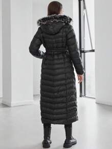 RueChic Women's Zipper Waist Belt Detachable Hooded Long Padded Jacket - Black - View 2