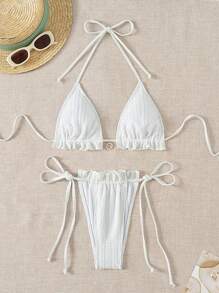 SHEIN Swim Summer Women's Ruffle Trim Decoration Self-Tie Side Bikini Swimwear Set - White - View 6