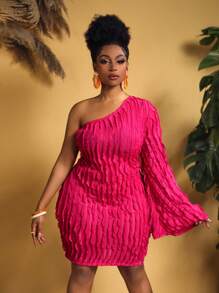 Slaydiva Plus Size Pink One-Shoulder Ruffle See-Through Mini Dress - Hot Pink - View 5