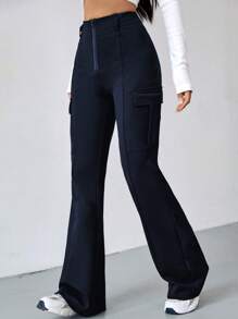 SHEIN EZwear Của phụ nữ Túi tiện ích Quần loe - Màu xanh hải quân - Xem 1