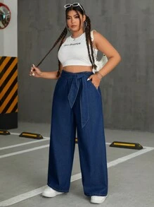 SHEIN EZwear Kích thước lớn Denim Quần ống rộng Với thắt lưng - Màu xanh lam - Xem 6