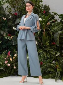 Modelyn 女式纯色铆钉珠饰镂空长袖西装外套和裤子套装 - 淺藍色 - 查看 5