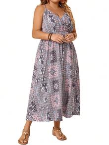 SHEIN LUNE Kích thước lớn In chắp vá Tách cao Dây đeo Mì Ý  Đầm - Nhiều màu - Xem 3