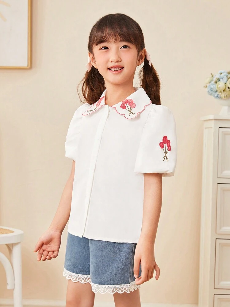 Young Girls Set Floral Embroidery Puff Short Sleeve Shirt And Denim Shorts Two-Piece Set
