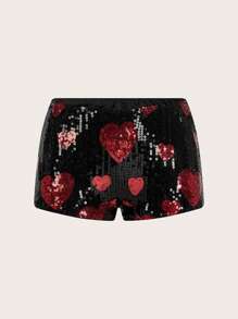 SHEIN ICON Women's Ultra-Low Waist Heart Sequin Red Mini Shorts - Black - View 1