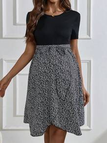 SHEIN Vestido De Maternidad Con Cinturón Y Estampado De Plantas