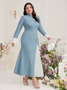 Modelyn Plus Size Women's Stand Collar Flared Sleeve Arabic Style Dress Long Evening Dresses - Blue and White - View 7