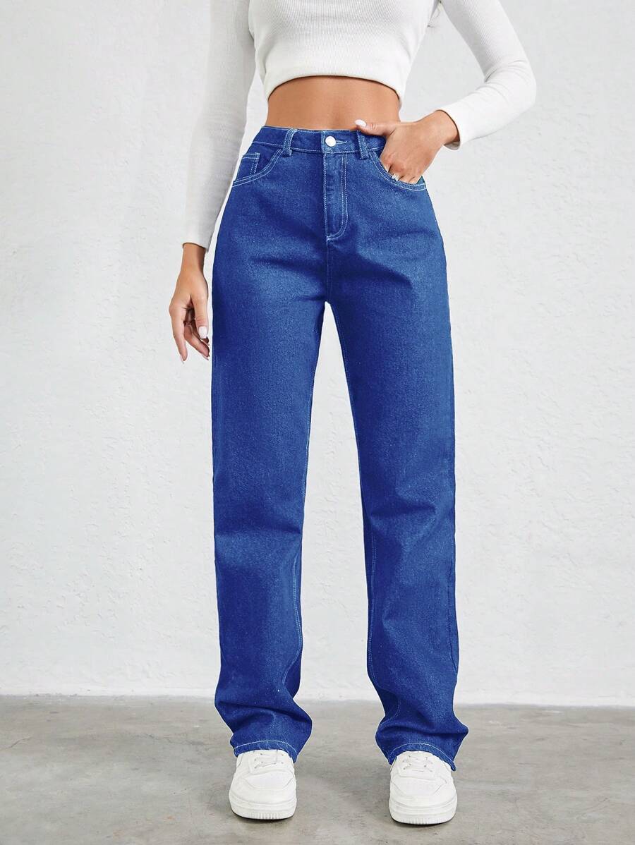 SHEIN Cottnline Ladies' Original Color Denim Jeans With Built-In Zipper - Blue - View 1