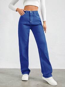 SHEIN Cottnline Ladies' Original Color Denim Jeans With Built-In Zipper - Blue - View 4