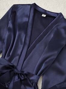 Teen Boys' Navy Blue Simple & Fashionable Satin Shorts And Robe Set For Homewear - Navy Blue - View 6