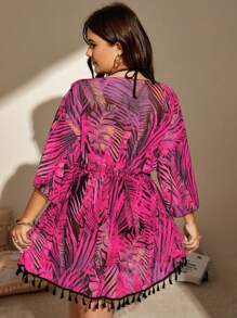 Swim Lushoire 女性加大尺碼休閒時尚和服,印花系帶設計 - 彩色 - 查看 2