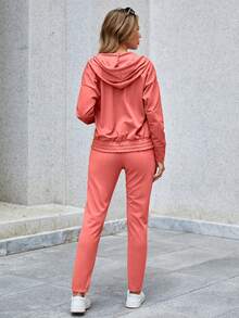 RueChic Conjunto De Ropa Deportiva De Mujer Con Chaqueta Y Pantalón De Color Sólido Con Cierre De Cremallera - Rosa - Ver 2