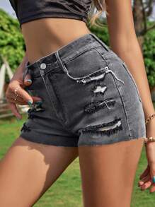 SHEIN Privé Stretchy Distressed Denim Shorts With Frayed Hem - Grey - View 4