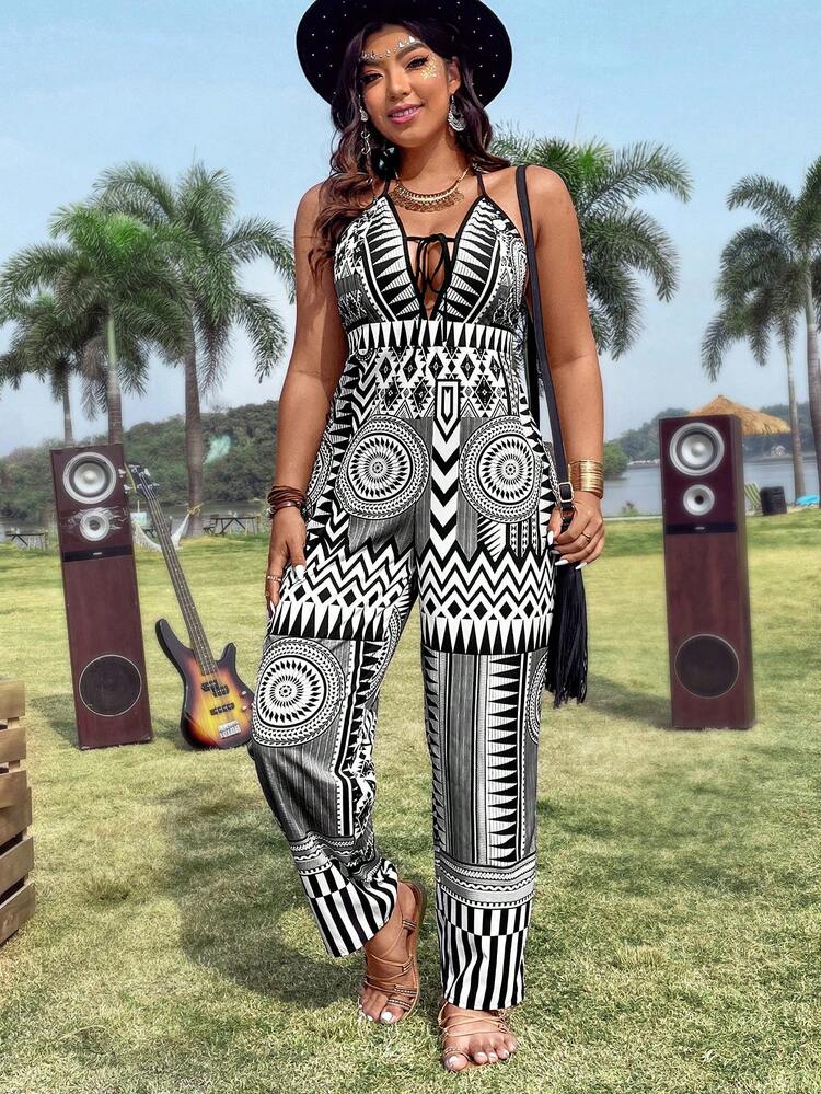 Plus Size Women's Geometric Print Halter Neck Tie Jumpsuit