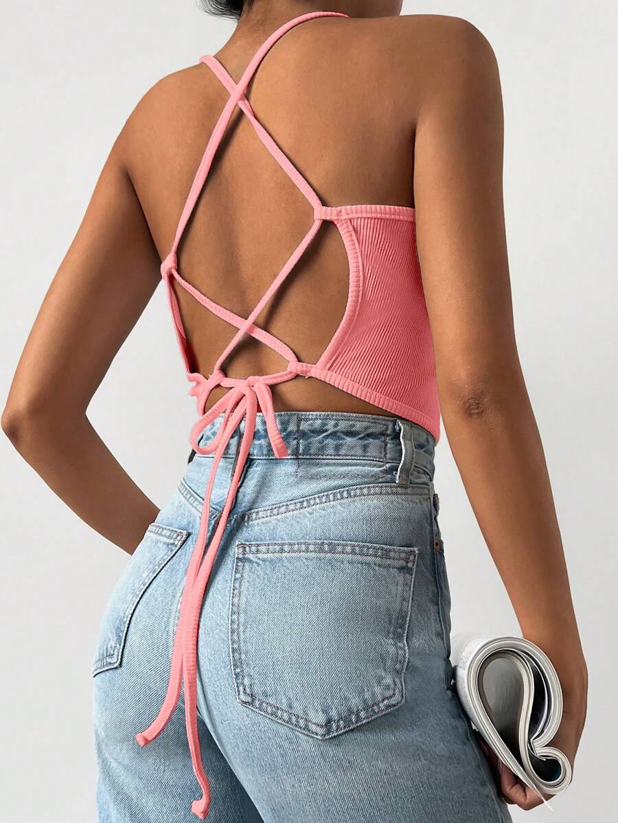 EURMUSE Solid Lace Up Backless Crop Cami Top - Hồng - Xem 1