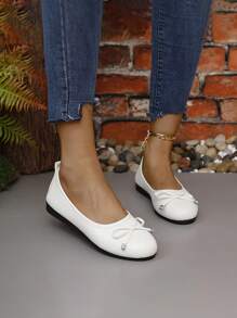 Của phụ nữ Chóp giầy tròn Da bằng sáng chế Giày phẳng Với Bowknot Đồ trang trí Và Đế mềm - trắng - Xem 5