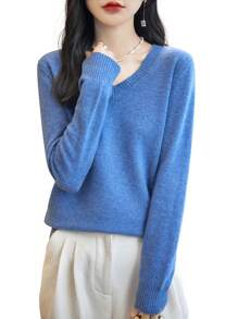 100% Wool V-Neck Long Sleeve Lightweight Warm Sweater, New Autumn/Winter 2024 Collection - Blue - View 3