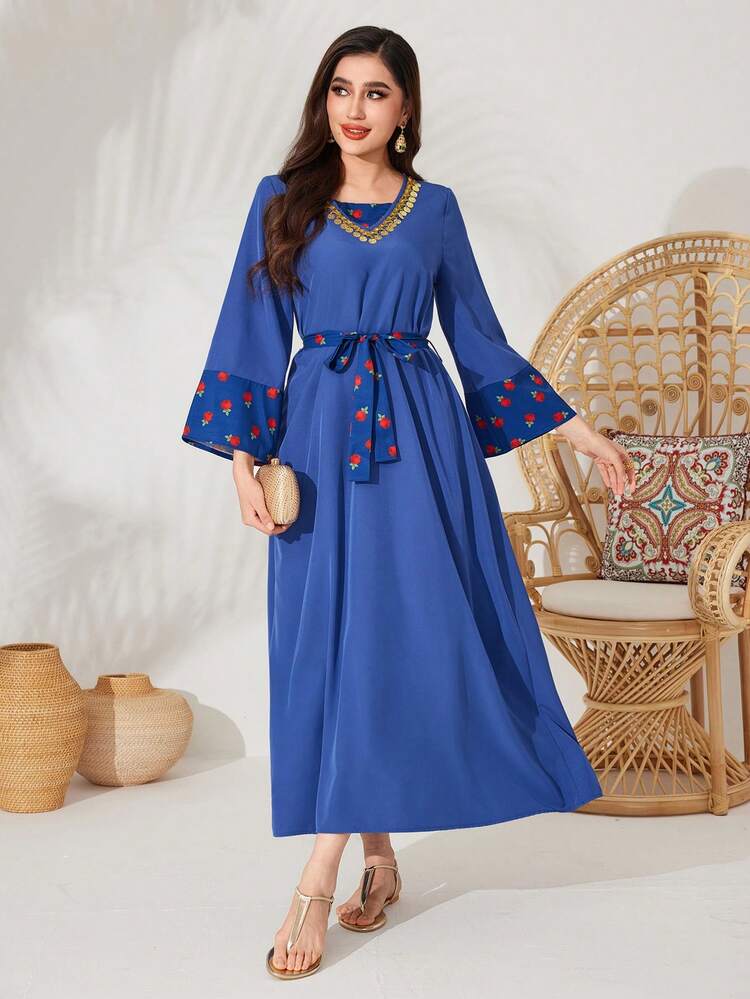 Flower Print Flared Sleeve Arabian Dress