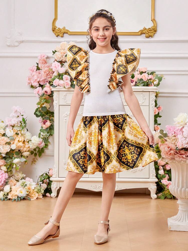 Tween Girls' Round Neck Blouse With Ruffles & Baroque Print Skirt Set