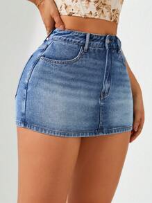 SHEIN Privé 水洗牛仔緊身短裙短褲 - 淺色水洗藍 - 查看 5