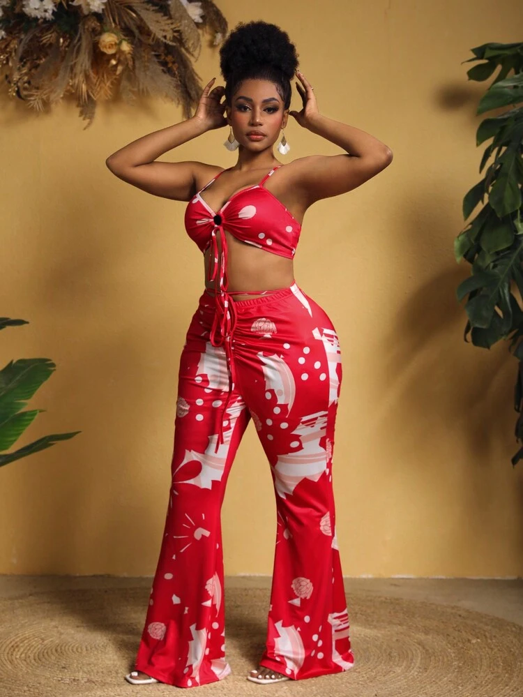 Plus Size Women's Polka Dot Print Halter Top And Pleated Flared Pants Set
