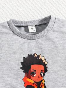 SHEIN 幼兒男孩可愛舒適卡通人物圖案短袖上衣針織翻邊長褲套裝 - 灰色 - 查看 4