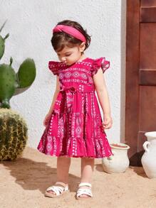 SHEIN Robe courte à ceinture décontractée pour bébé fille à motifs géométriques et manches courtes pour les vacances