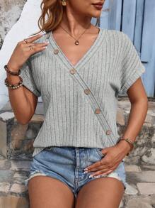 SHEIN LUNE 女士肋紋v領t恤 - 灰色 - 查看 6