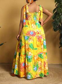 Slaydiva Plus Size Summer Tropical Print Tie Waist Hawaiian Dress - Yellow - View 4