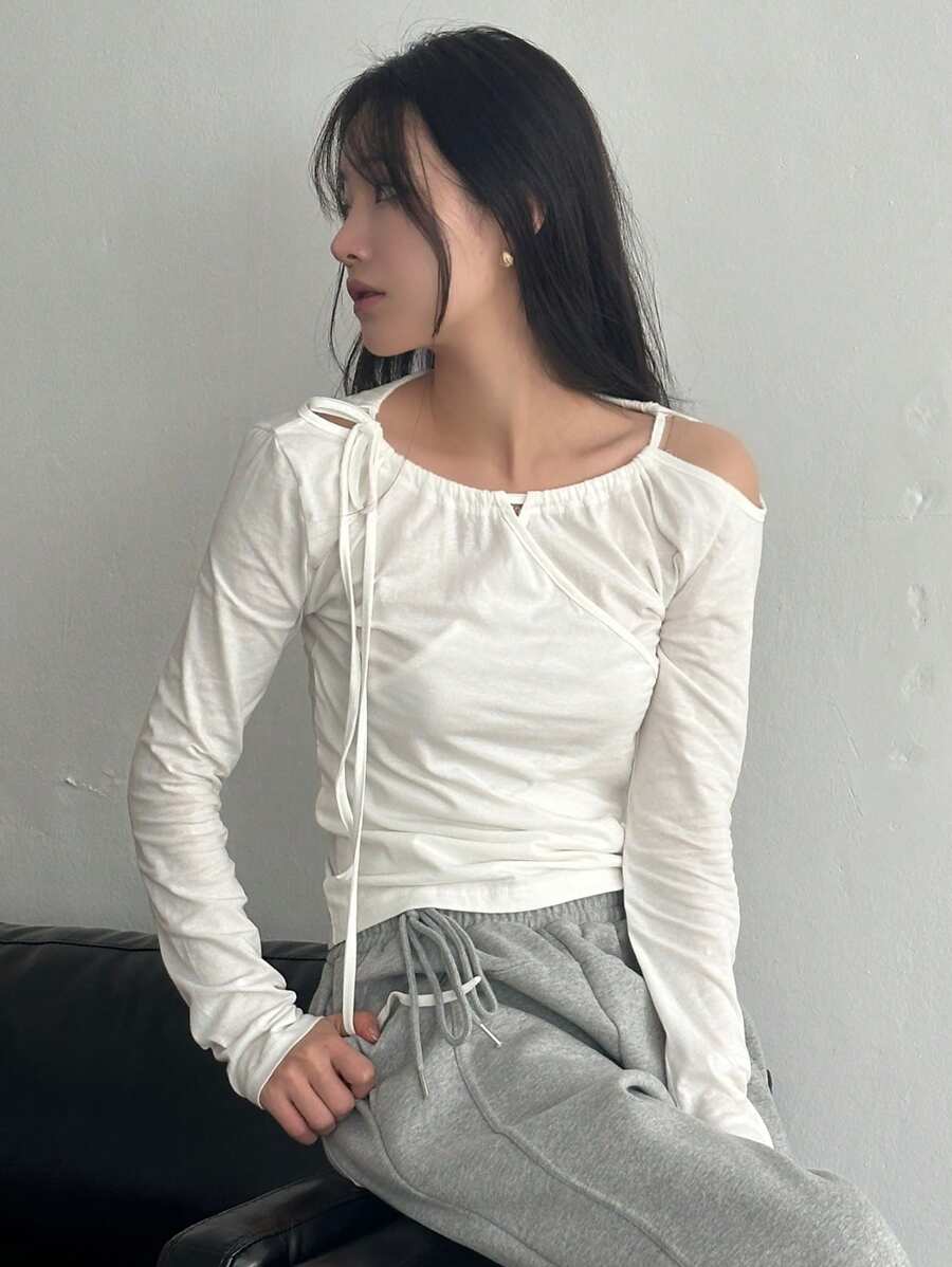 DAZY Ladies' Solid Color Asymmetrical Neck Hollow Out T-Shirt Long Sleeve Women Tops - White - View 1