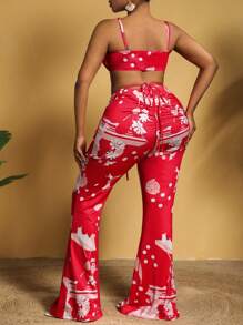 Slaydiva 大尺碼女士波點印花綁頸上衣和褶皺擴腳褲套裝 - 紅色 - 查看 3