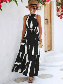 Breezaya Vestido halter con estampado de pincelada bajo con fruncido con cinturón - Negro - Ver 5