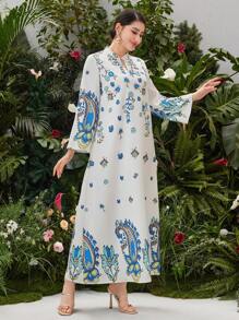 Al Najma Floral Pattern Notched Lapel Dress - White - View 3