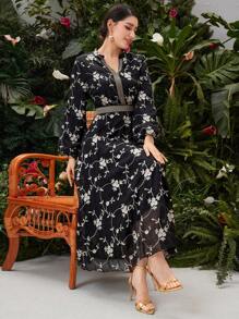 Modelyn Flower Embroidered Patchwork Ribbon Decor Notched Collar Lantern Sleeve Dress Long Evening Dresses