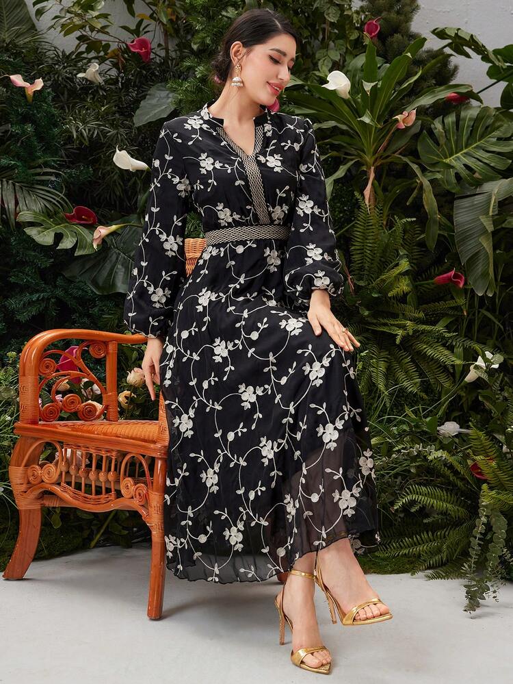 Flower Embroidered Patchwork Ribbon Decor Notched Collar Lantern Sleeve Dress Long Evening Dresses